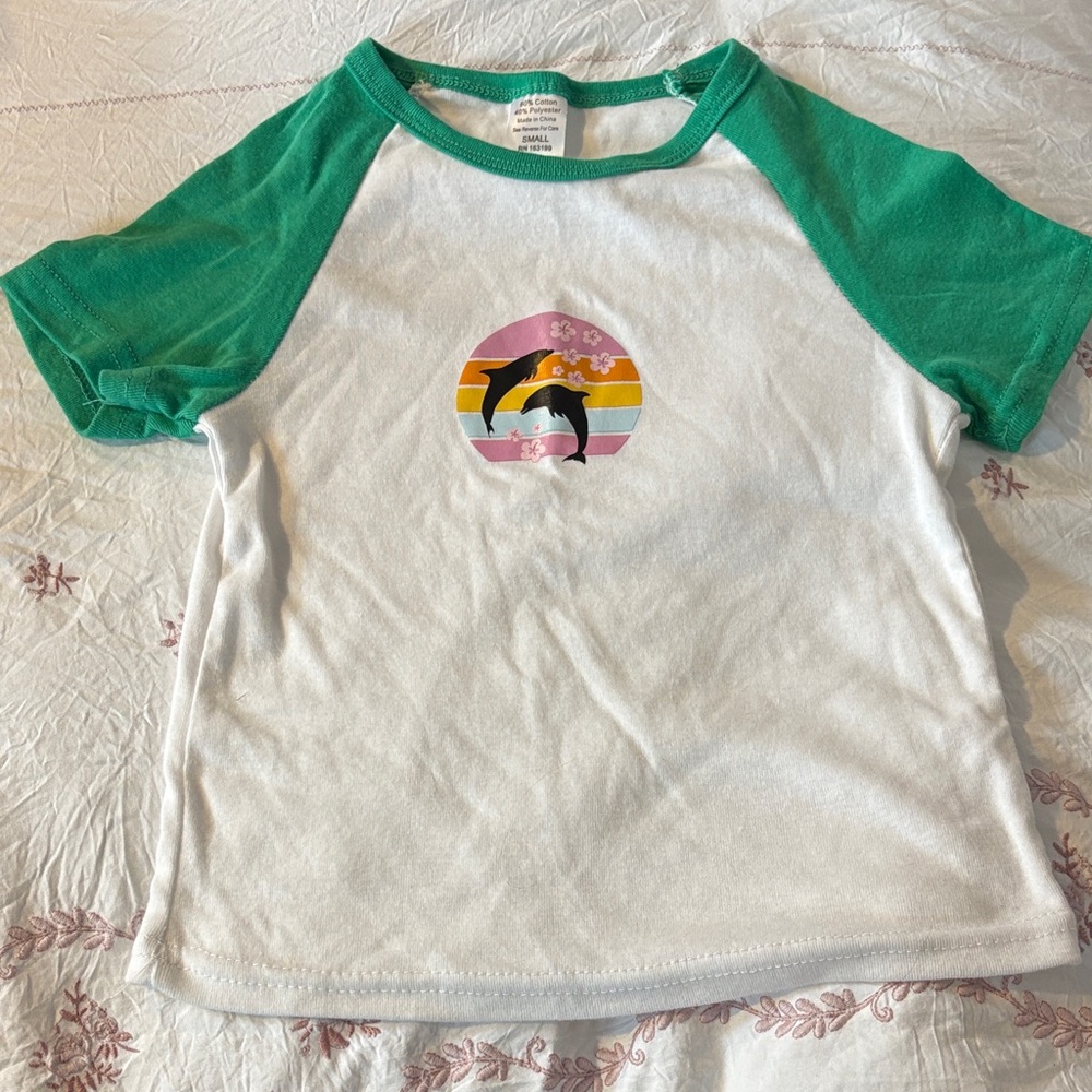 Green and White Shirt with Dolphin Print